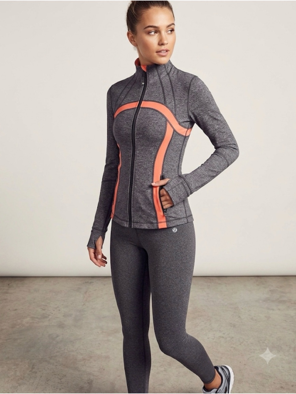 Lululemon define ,Heather Gray Zip-Up Active Jacket with Coral Accents
